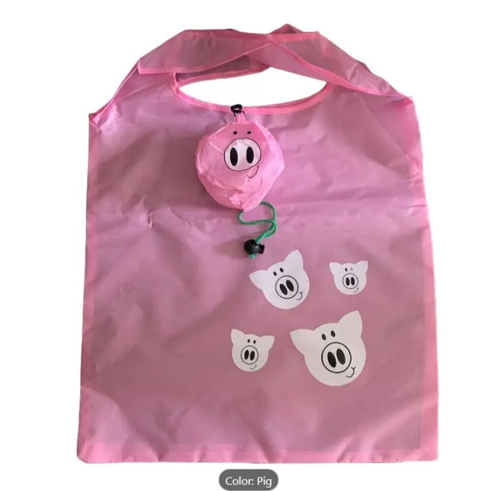 Pink Pig Packable ShoppingTote with Drawstring Bag